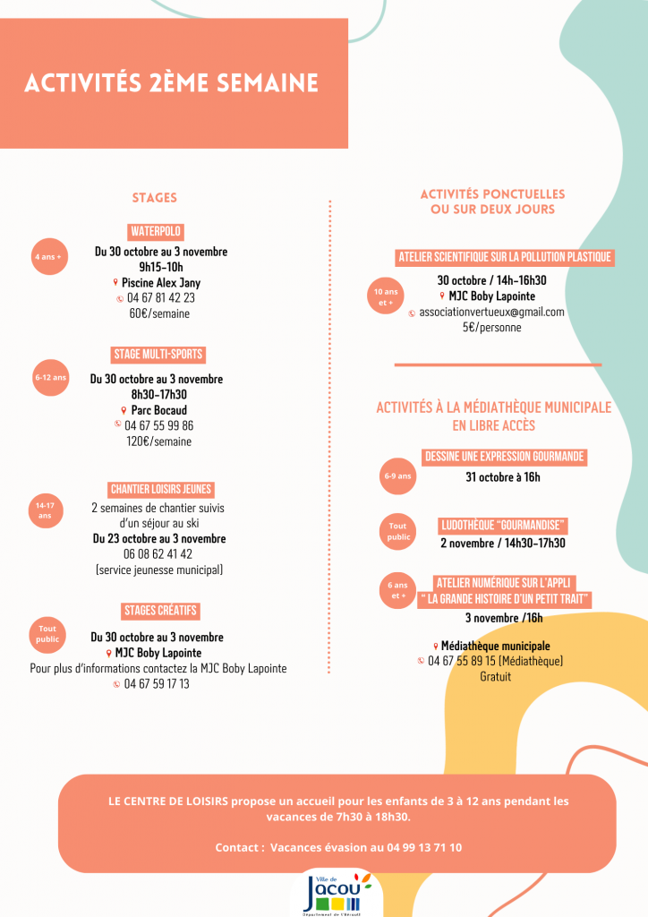 Programme des activités jeunesse - vacances de la toussaint